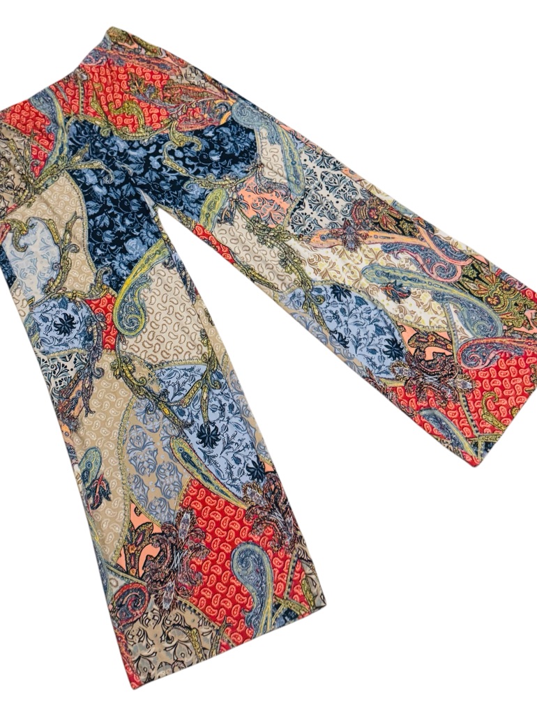 Chico's Wide Leg Paisley Patchwork Print Pants In Red, Blue, Tan, Cream